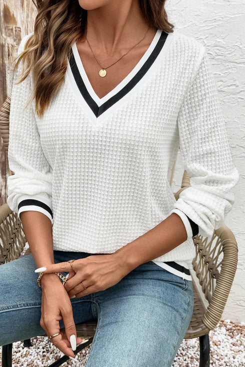 Preppy Waffle Knit V Neck Striped Trim Long Sleeve Top